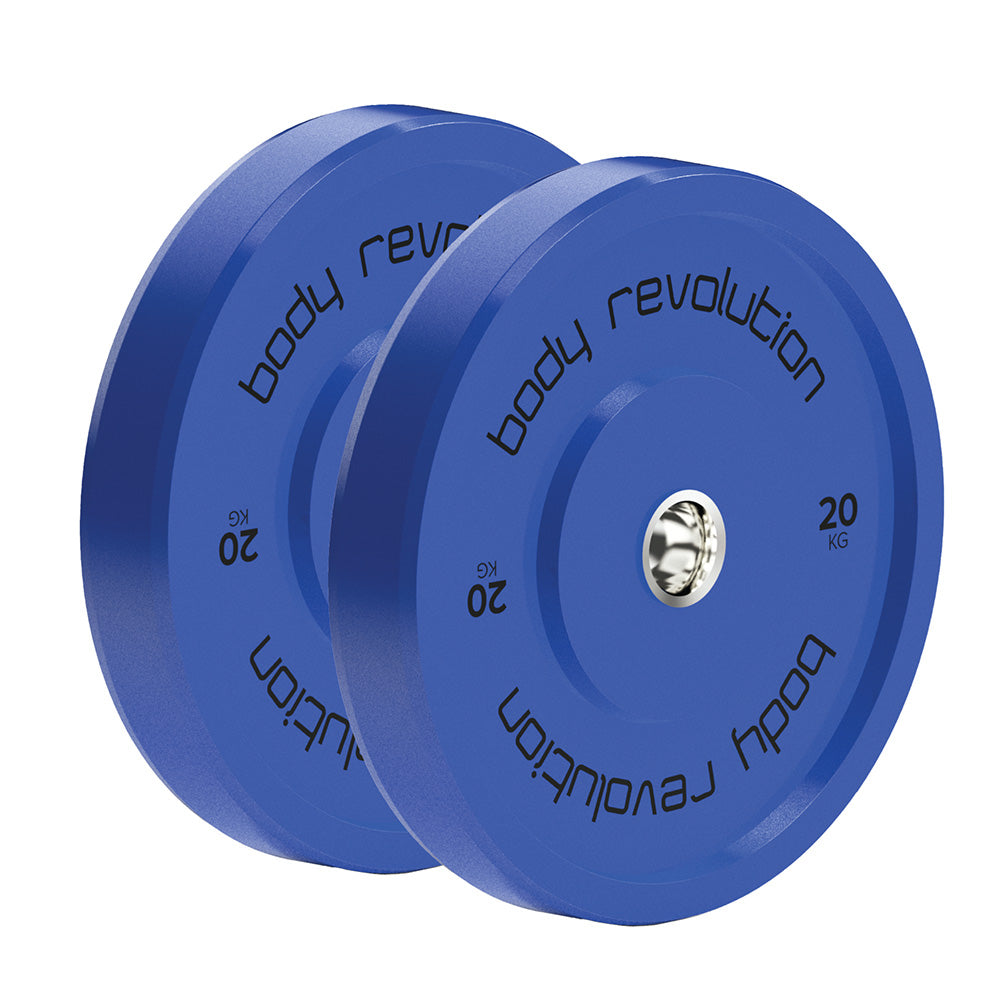 Blaues 20 kg Gummigewicht-Set von Body Revolution, mit klarer Beschriftung und glatter, strapazierfähiger Oberfläche für effektives Training