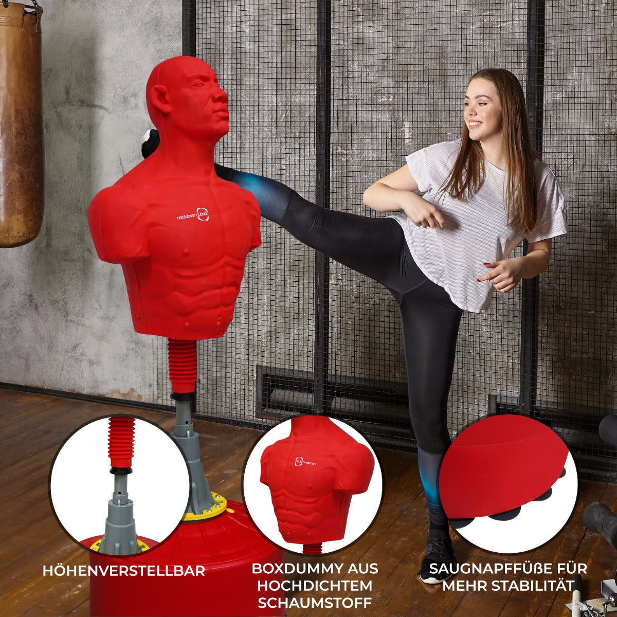 Freistehender Boxdummy in Rot aus hochdichtem Schaumstoff, höhenverstellbar mit stabilen Saugnapffüßen, ideal für effektives Training