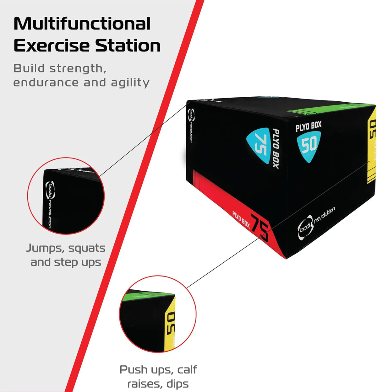 Große Body Revolution Plyo Box in Schwarz mit bunten Markierungen für Sprünge, Kniebeugen und Dips, ideal für vielseitiges Training und Fitnessübungen