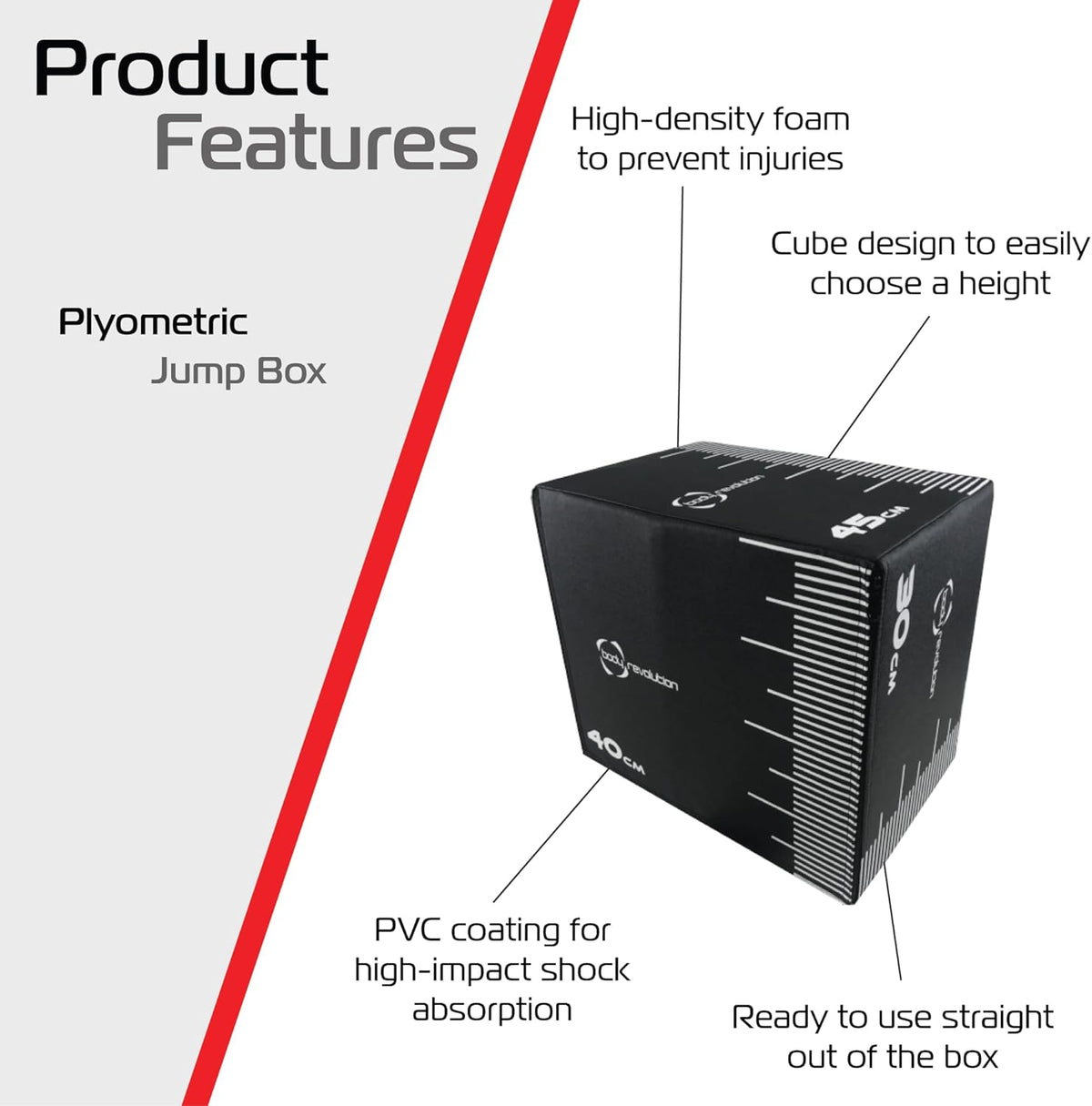 Kleine Body Revolution Plyo Box aus hochdichtem Schaumstoff, schwarz mit weißen Maßlinien, ideal für plyometrisches Training und Höhenanpassung