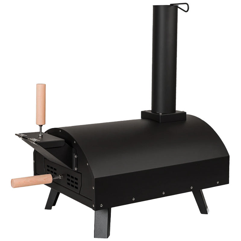 Klassischer Outdoor-Pizzaofen in Schwarz mit runder Form, Holzgriffen und einem hohen Schornstein, ideal für das Zubereiten von Pizza im Freien