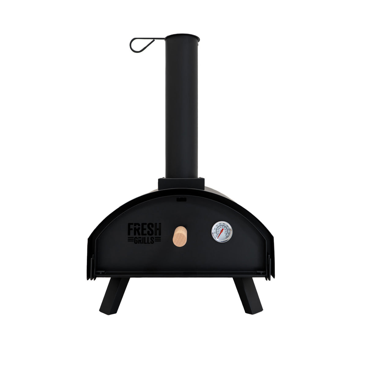 Klassischer Outdoor-Pizzaofen in mattem Schwarz mit einem robusten, runden Design, einem Thermometer und einem Kamin für optimale Hitzeverteilung