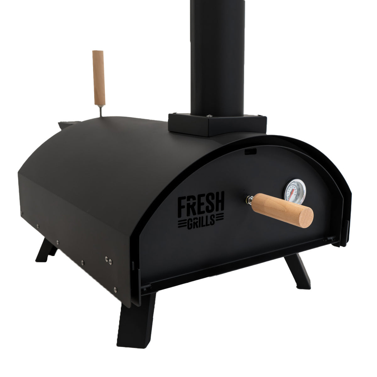 Klassischer Outdoor-Pizzaofen in mattem Schwarz mit Holzgriff, runder Form, Temperaturanzeige und stabilen Standfüßen für das perfekte Pizzaerlebnis