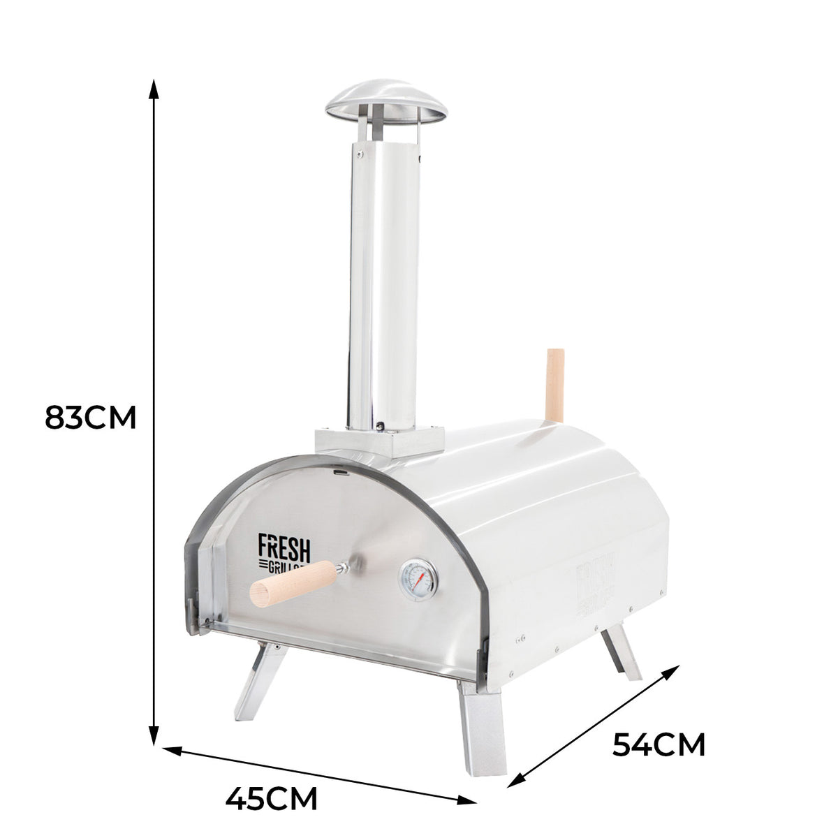 Hochwertiger Outdoor-Pizzaofen aus Edelstahl mit glänzender Oberfläche, schmalem Korpus, Holzgriffen und einem Kamin für optimale Hitzeverteilung