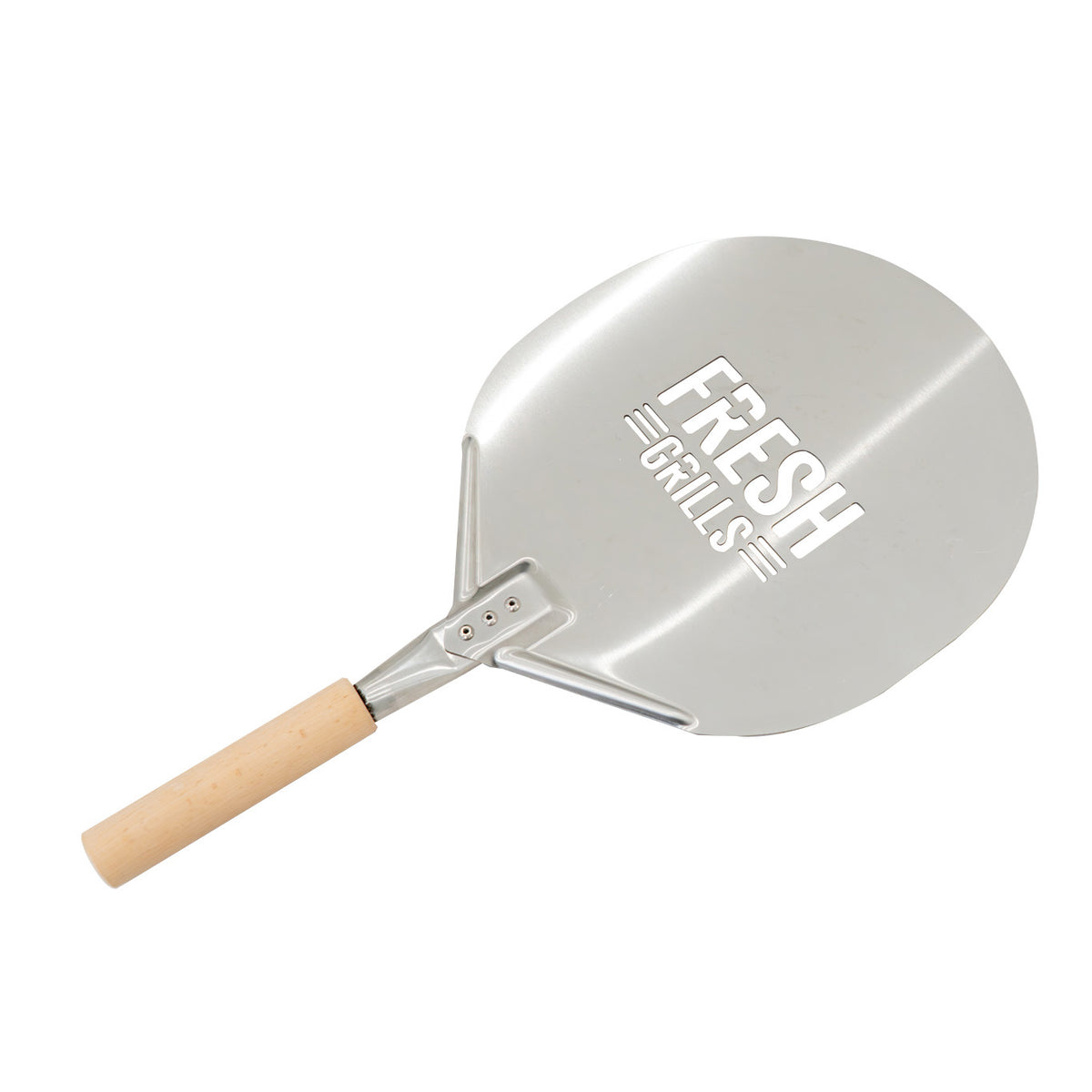 Edelstahl-Pizzaschaufel mit Holzgriff, glänzende Oberfläche, ideal zum Herausnehmen von Pizzen aus dem Premium Outdoor-Pizzaofen