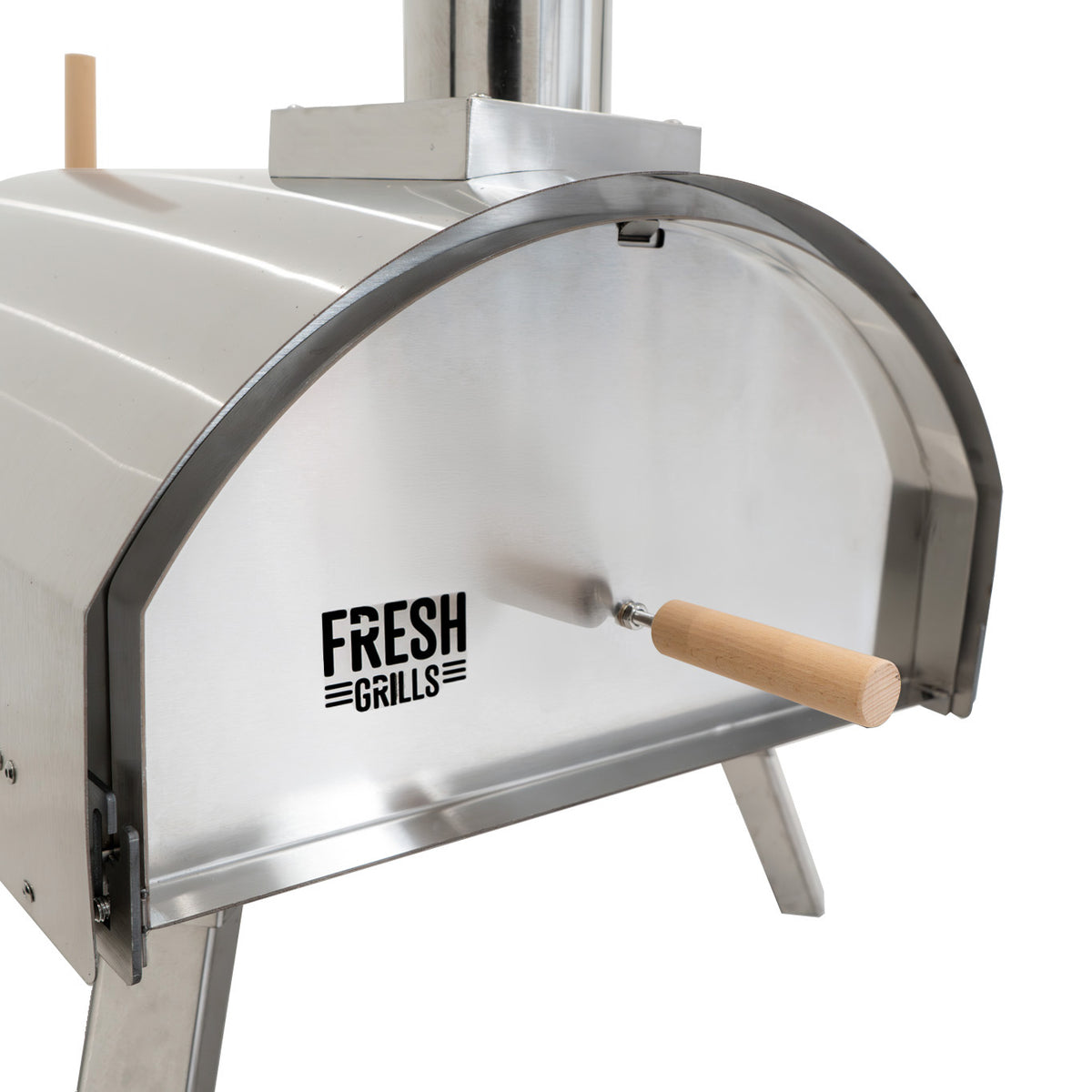Hochwertiger, extra großer Outdoor-Pizzaofen aus Edelstahl mit glänzender Oberfläche, Holzgriff und robustem, stabilen Standfuß