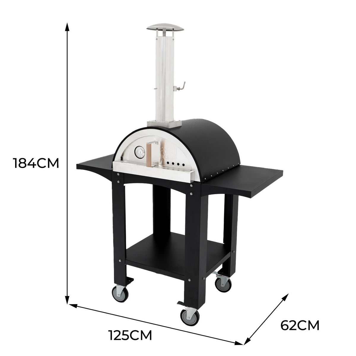 Freistehender Outdoor-Pizzaofen in Schwarz mit Edelstahl-Details, runder Form, zwei praktischen Ablageflächen und Rollen für einfache Mobilität