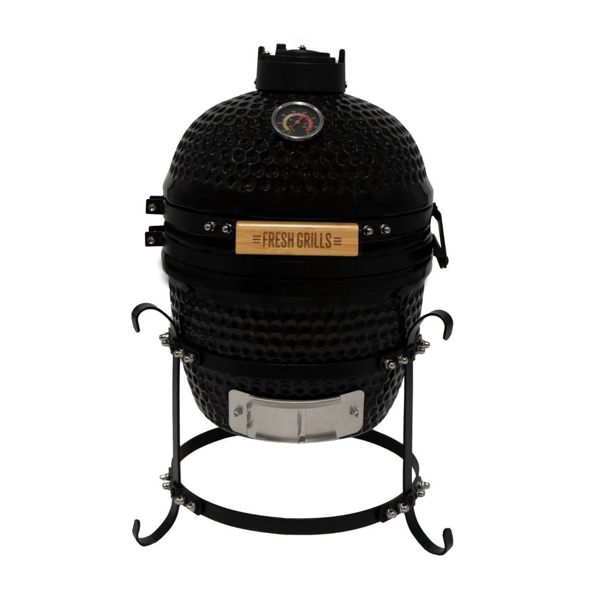 Schwarzer Kamado-Ofen aus Keramik mit glänzender Oberfläche, runder Form, Metallgestell und Holzgriff, ideal für Holzkohlegrill-Enthusiasten
