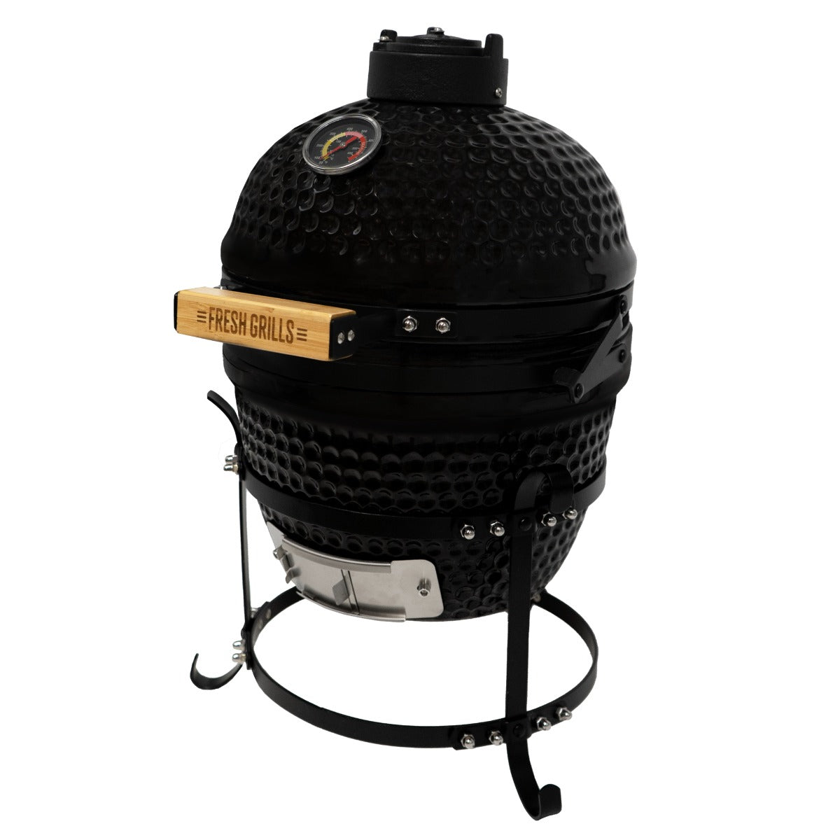 Schwarzer Kamado-Ofen aus Keramik mit strukturierter Oberfläche, Holzgriff, Temperaturanzeige und stabiler Metallbasis, ideal für Grillliebhaber