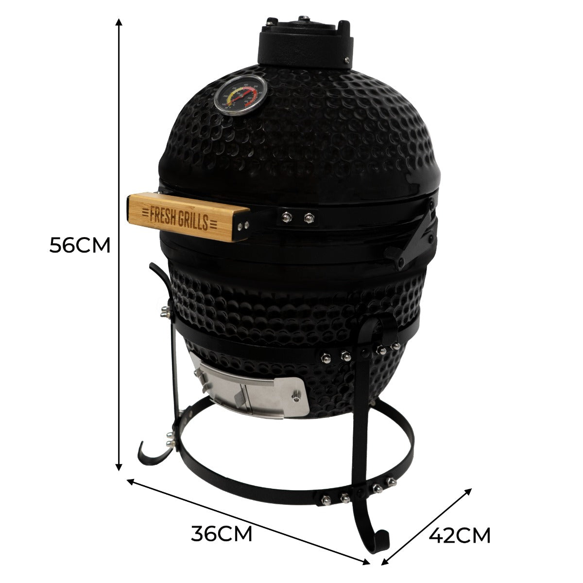 Schwarzer Kamado-Ofen aus Keramik mit Holzgriff, 33 cm Durchmesser, runder Form, Temperaturanzeige und stabiler Metallbasis, ideal für Grillliebhaber