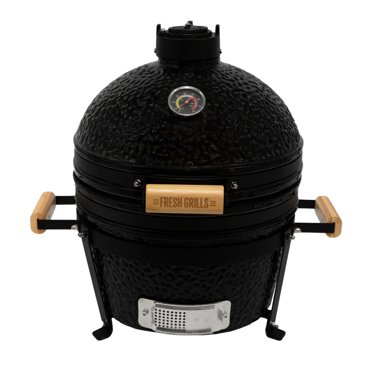 Runder, schwarzer Kamado-Ofen aus Keramik mit Holzgriffen, Thermometer und robustem Stand, ideal für Grillliebhaber und Outdoor-Küche