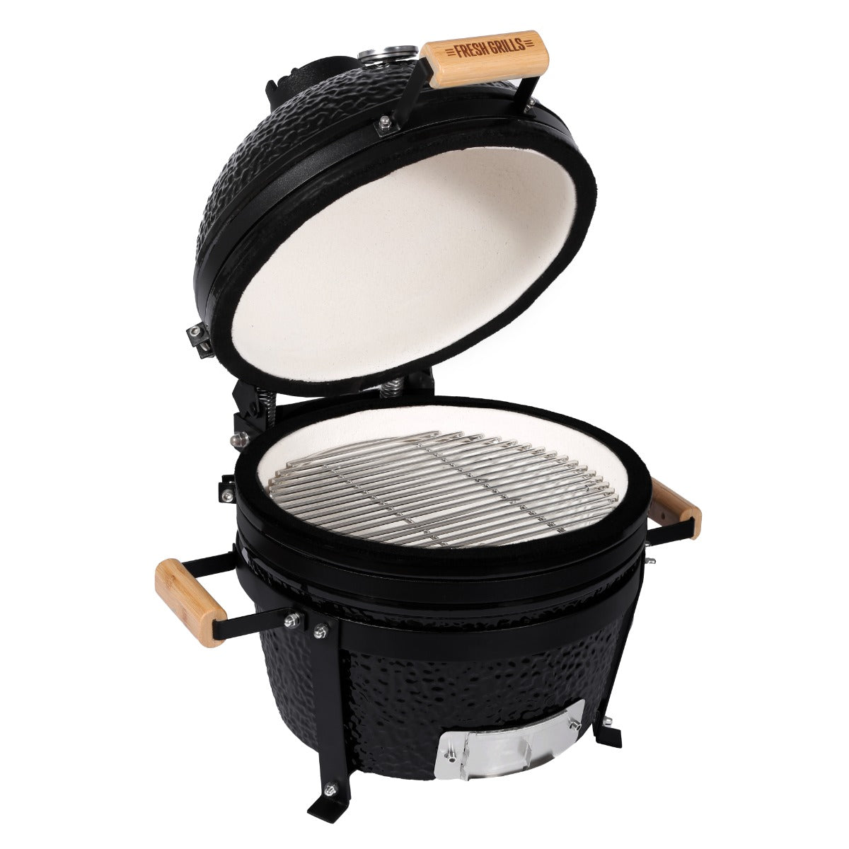 Kamado-Ofen Holzkohlegrill in Schwarz mit einer runden, glasierten Keramik-Innenfläche und einem verchromten Grillrost, Holzgriffe für einfachen Transport