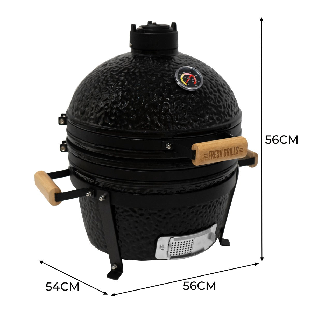 Schwarzer Kamado-Ofen aus robustem Material mit Holzgriffen, runder Form, Temperaturanzeige und Lüftungsschlitz, ideal für Holzkohlegrill-Enthusiasten