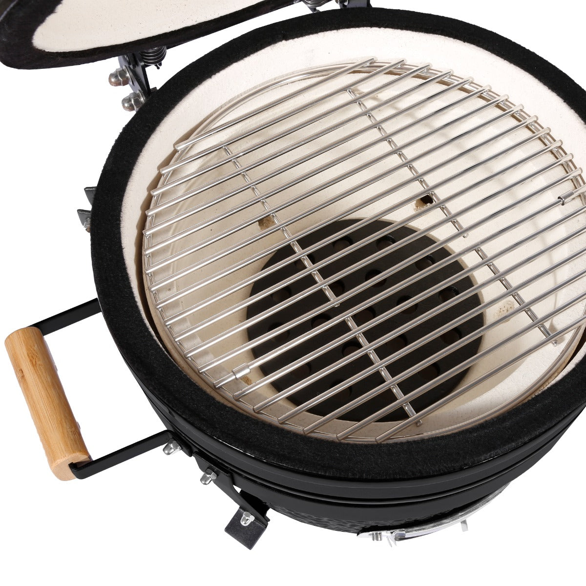 Runder Kamado-Ofen in Schwarz mit einem stabilen Grillrost aus Edelstahl und einem Innenraum aus Keramik, ideal für Holzkohlegrillen