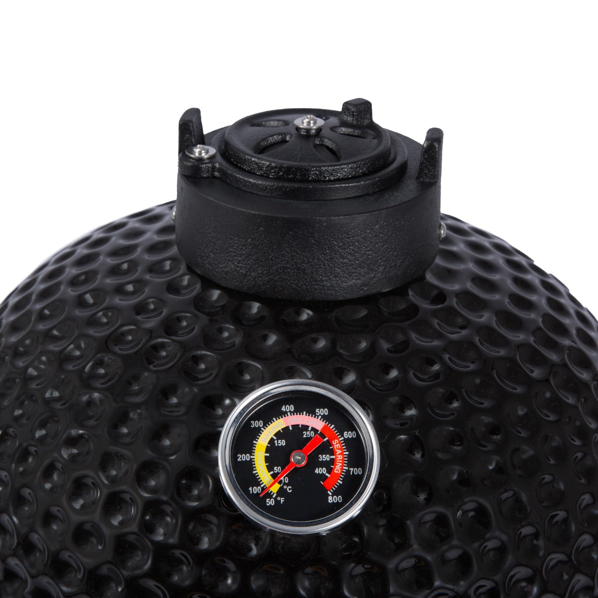 Schwarzer Kamado-Ofen mit glänzender, strukturierter Oberfläche und Temperaturanzeige, ideal für Holzkohlegrillliebhaber