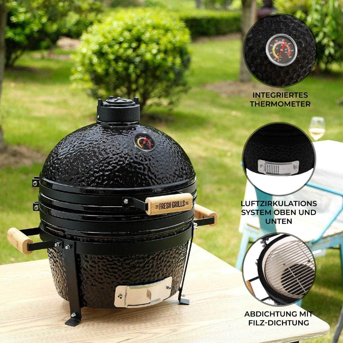 Schwarzer Kamado-Ofen aus Keramik mit integriertem Thermometer, Holzgriffen und Luftzirkulationssystem, ideal für Grillliebhaber im Freien