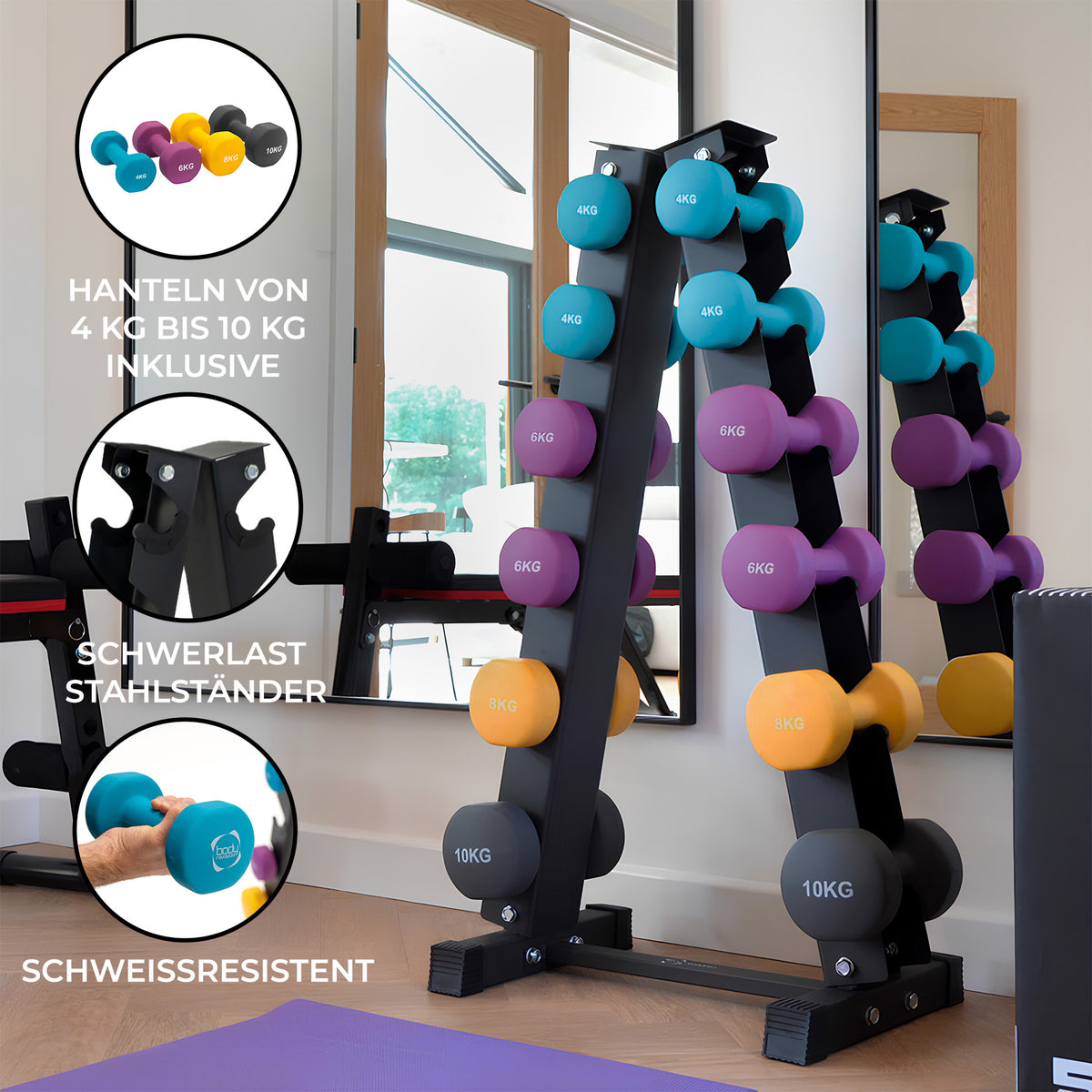 Neopren Hantel-Set mit bunten Gewichten von 4 kg bis 10 kg, auf einem stabilen, schwarz lackierten Stahlständer, ideal für das Home-Workout