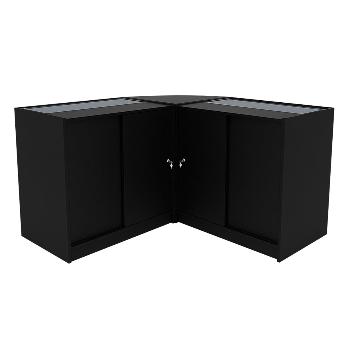 Schwarzes Iris LED Verkaufstheken-Set CM60 + B900, zwei Ecken mit gläsernen Oberflächen und abschließbaren Türen, modern und funktional