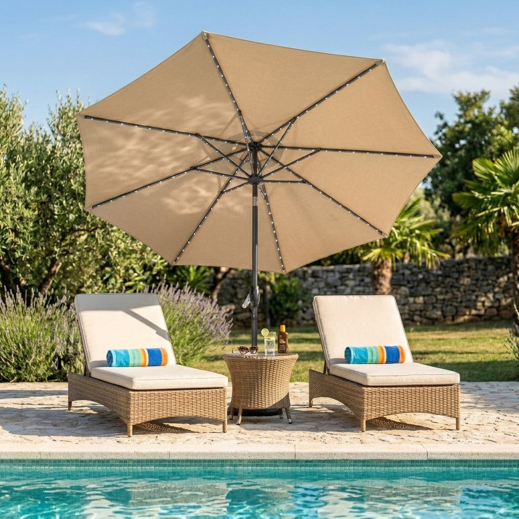 LED-Kipp-Sonnenschirm 2,7m mit Ständer - Beige