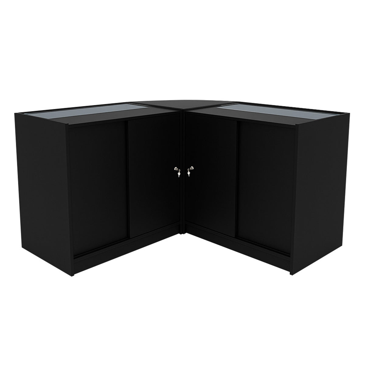 Schwarzes Selene LED Verkaufstheken-Set aus robustem Material, mit gläsernen Oberflächen und zwei abschließbaren Türen, ideal für Verkaufsräume