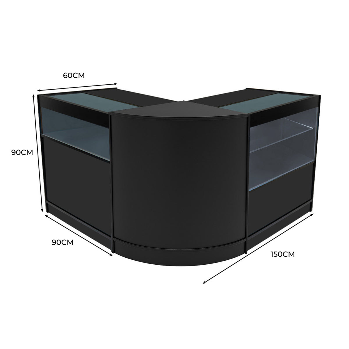 Elegantes Adonis LED Ladentheke Set in Schwarz, mit abgerundeten Kanten, Glasoberflächen und großzügigem Stauraum, ideal für Verkaufsräume