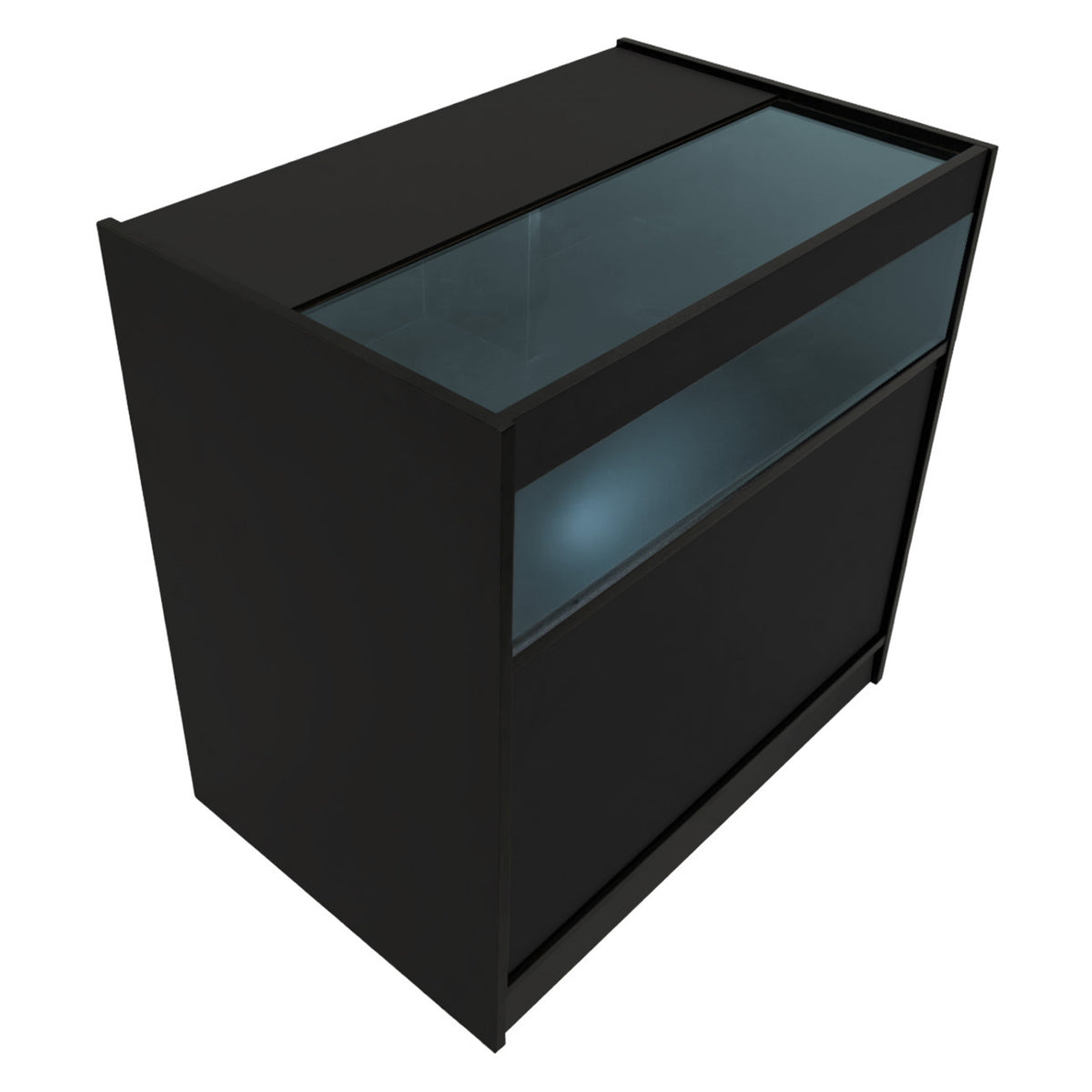 Schwarzes Adonis LED Ladentheke Set mit gläserner Oberseite, modernem Design und klaren Linien, ideal für Einzelhandelsumgebungen