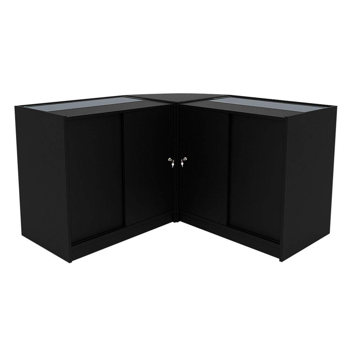 Schwarzes Triton LED Verkaufstheken-Set mit zwei Glastüren, modernem Design und glatten Oberflächen, ideal für Verkaufsräume und Ausstellungen