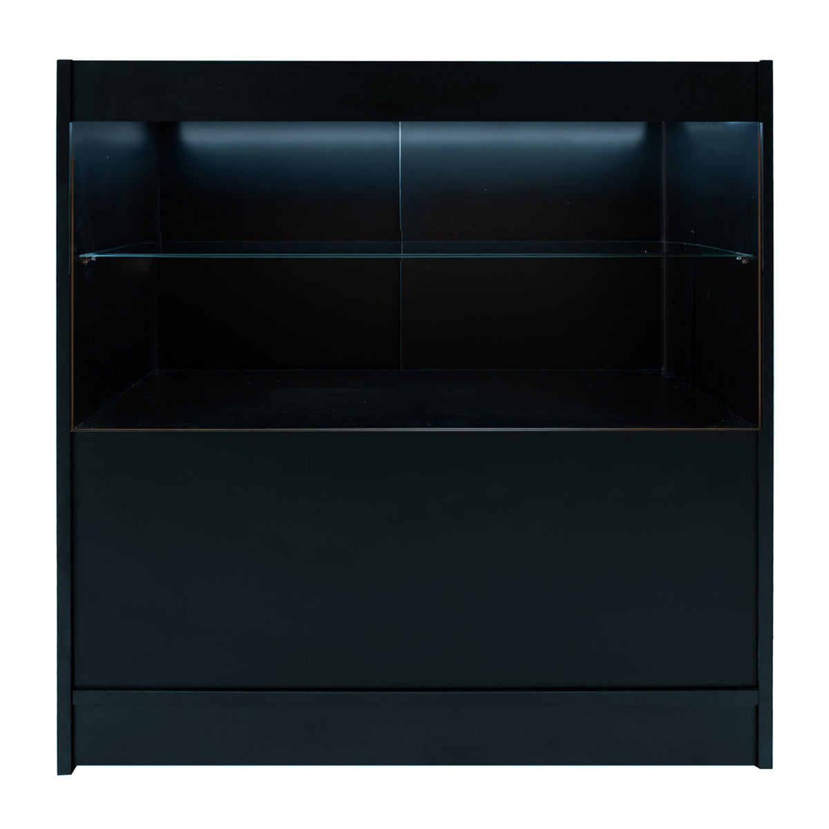 Schwarzes Andromeda LED Verkaufstheken-Set mit gläsernem Regal, modernem Design und sanfter Beleuchtung, ideal für Verkaufsräume und Ausstellungen