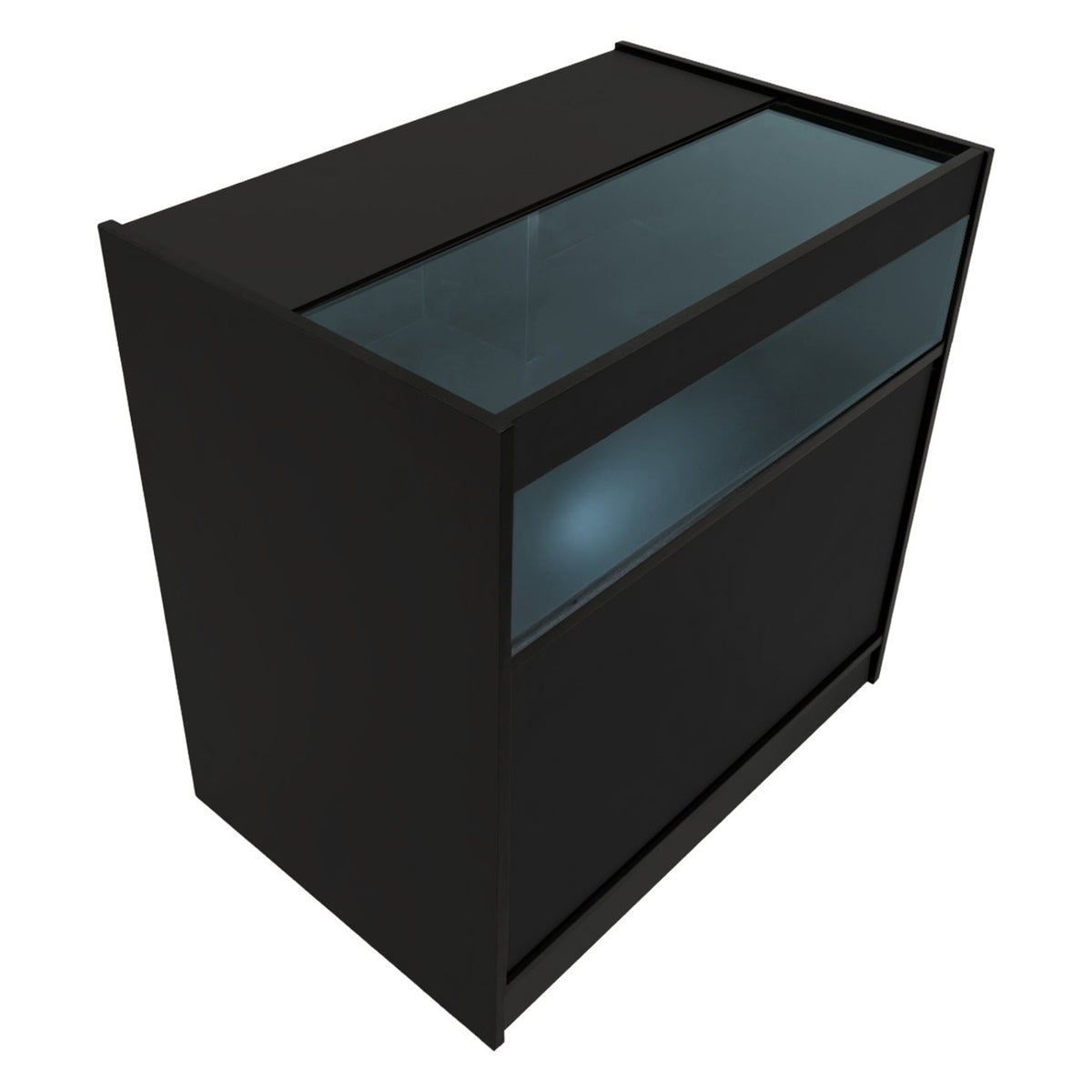 Schwarzes Demeter LED Verkaufstheken-Set mit gläserner Oberseite, modernem Design und klaren Linien, ideal für Verkaufsräume und Ausstellungen