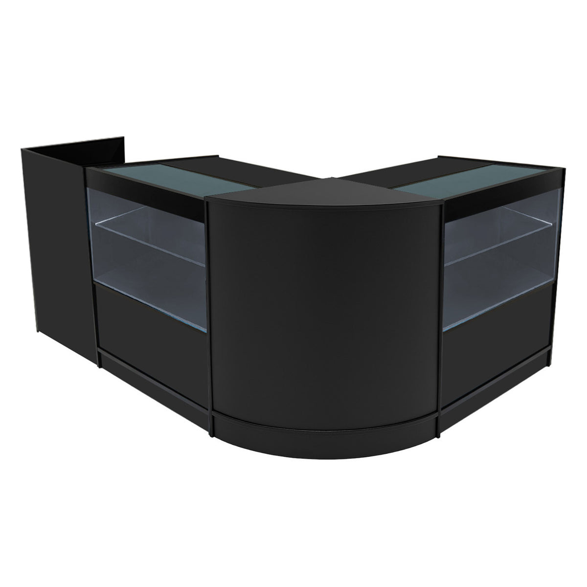 Schwarzes Phoenix LED Verkaufstheken-Set mit zwei Modulen, elegantem Design, gläsernen Regalen und abgerundeten Kanten