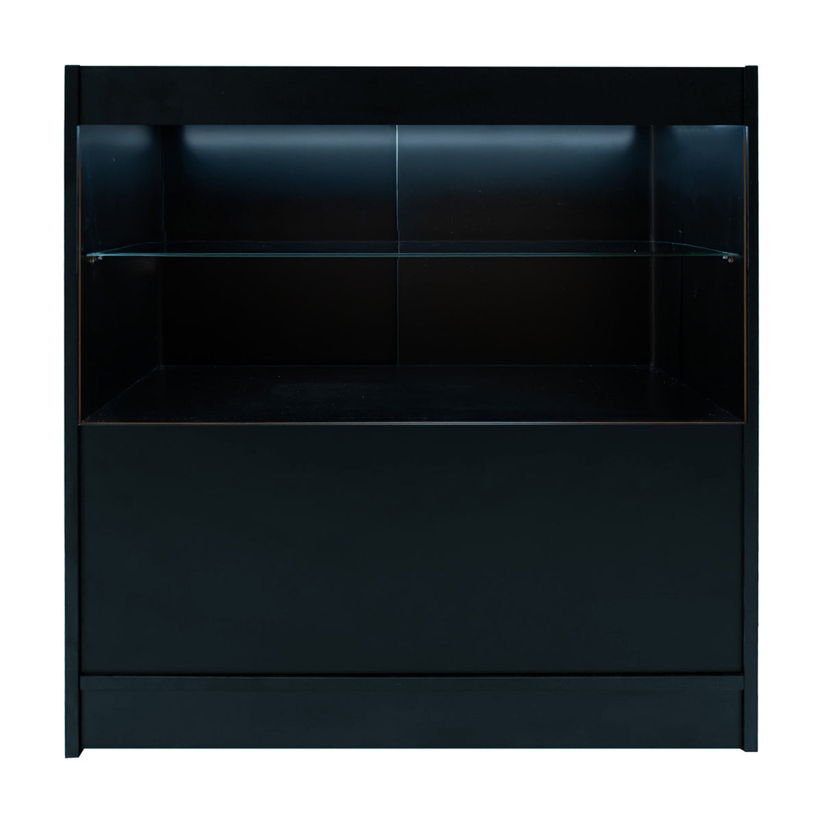 Schwarzes Phoenix LED Verkaufstheken-Set mit glattem Finish, beleuchtetem Regal und modernem, minimalistischen Design