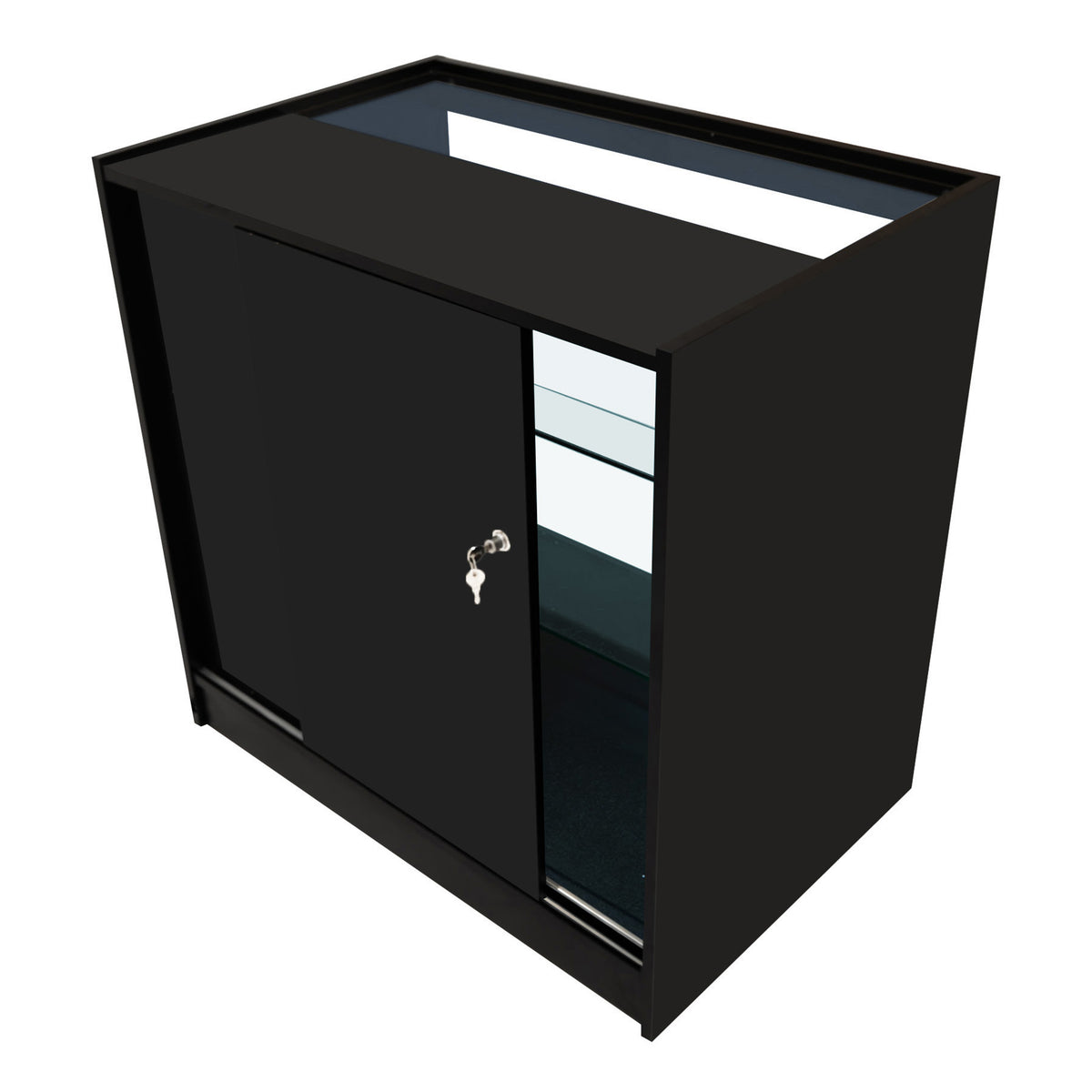 Schwarzes LED Verkaufstheken-Set mit Glastür, eleganter Oberfläche, zwei Regalen und modernem Design, ideal für Verkaufsräume und Ausstellungen