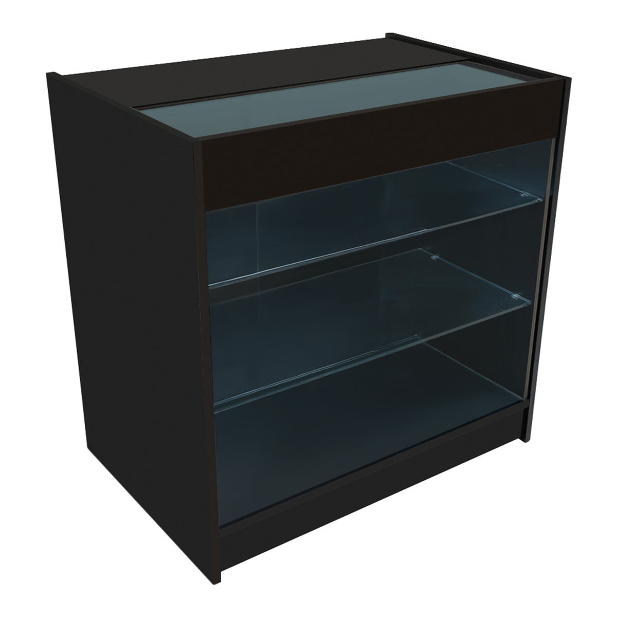 Schwarzes LED Verkaufstheken-Set mit zwei Regalen aus Glas, modernem Design und klaren Linien, ideal für den Einzelhandel oder Ausstellungen