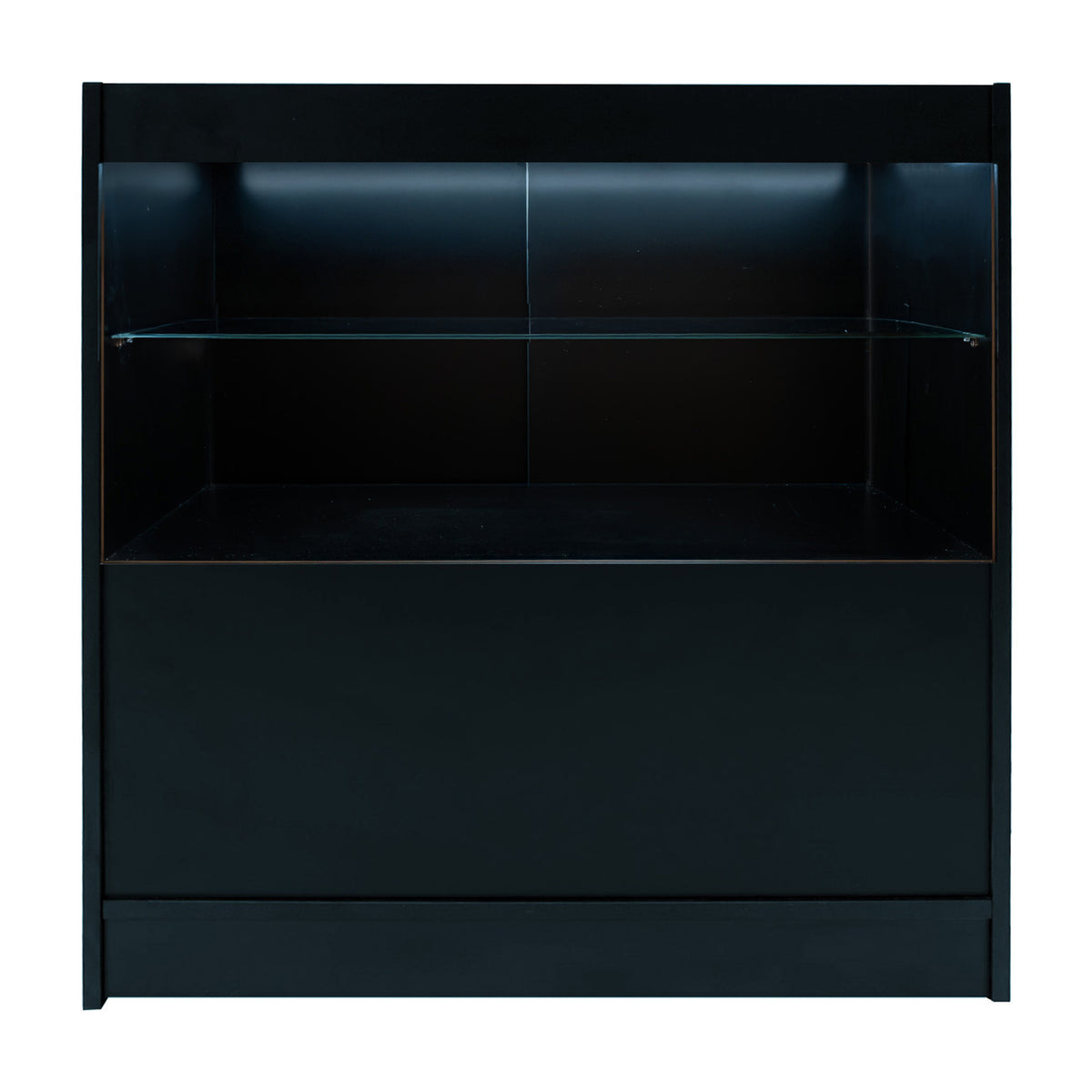 Schwarzes Eclipse LED Verkaufstheken-Set mit gläsernem Regal, modernem Design und sanfter Beleuchtung, ideal für Verkaufsräume und Ausstellungen