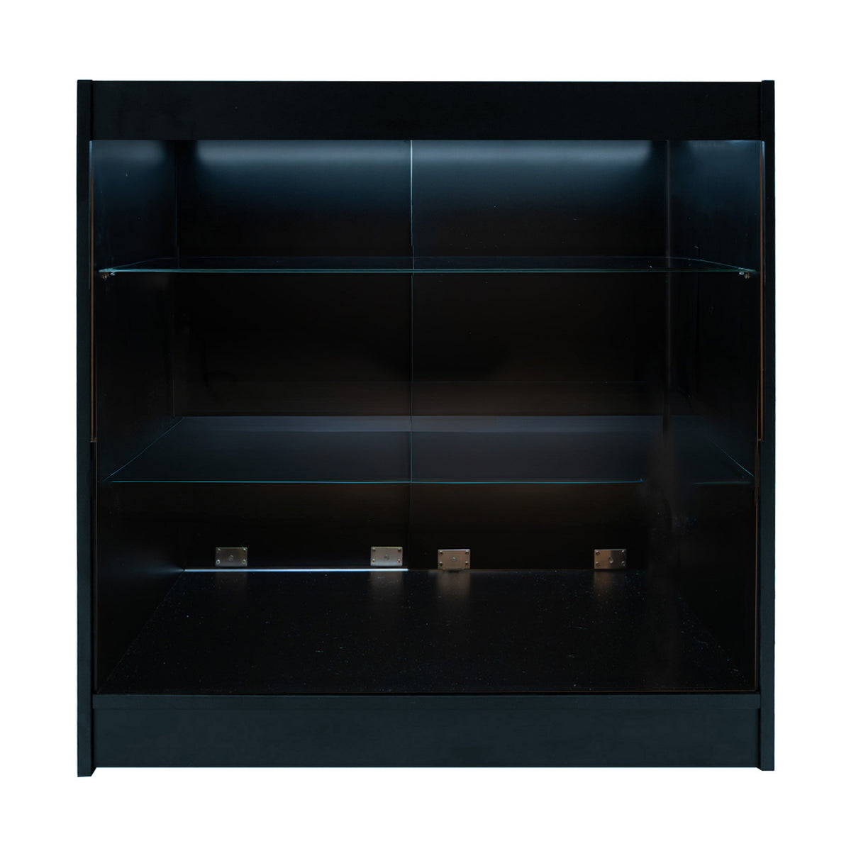 Schwarzes Astro LED Verkaufstheken-Set mit zwei Regalen, glänzender Oberfläche, integrierter Beleuchtung und modernem, minimalistischen Design
