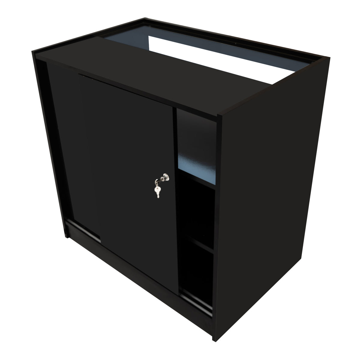 Schwarzes LED Verkaufstheken-Set mit glatter Oberfläche, abschließbarem Schrank und offenen Regalen, ideal für Verkaufsräume und Ausstellungen