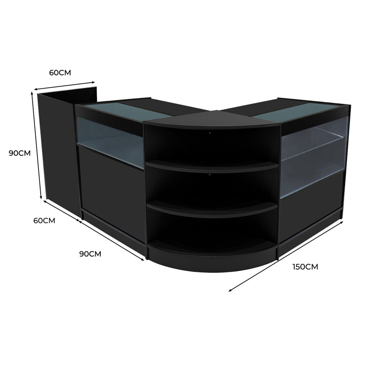 Schwarzes Europa LED Verkaufstheken-Set mit Glasflächen, runden und rechteckigen Formen, ideal für Verkaufsräume und Ausstellungen, 150 cm breit
