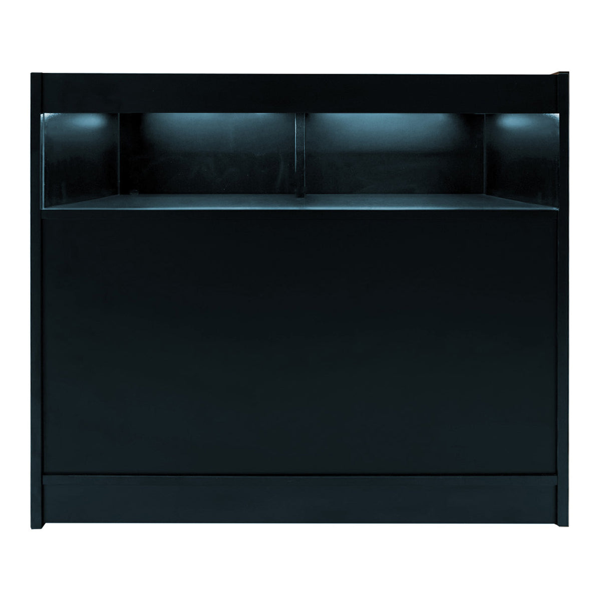 Schwarzes Iris LED Verkaufstheken-Set mit zwei Stück, elegant und modern, beleuchtet mit sanftem Licht, ideal für Verkaufsräume und Ausstellungen