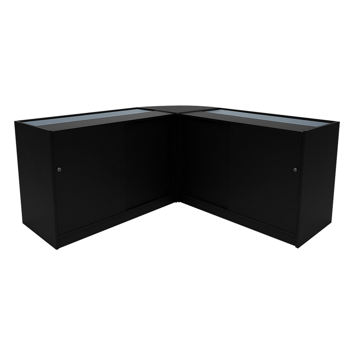 Schwarzes Helios LED Verkaufstheken-Set mit zwei eleganten, glänzenden Oberflächen und gläsernen Einlagen, ideal für Verkaufsräume und Ausstellungen
