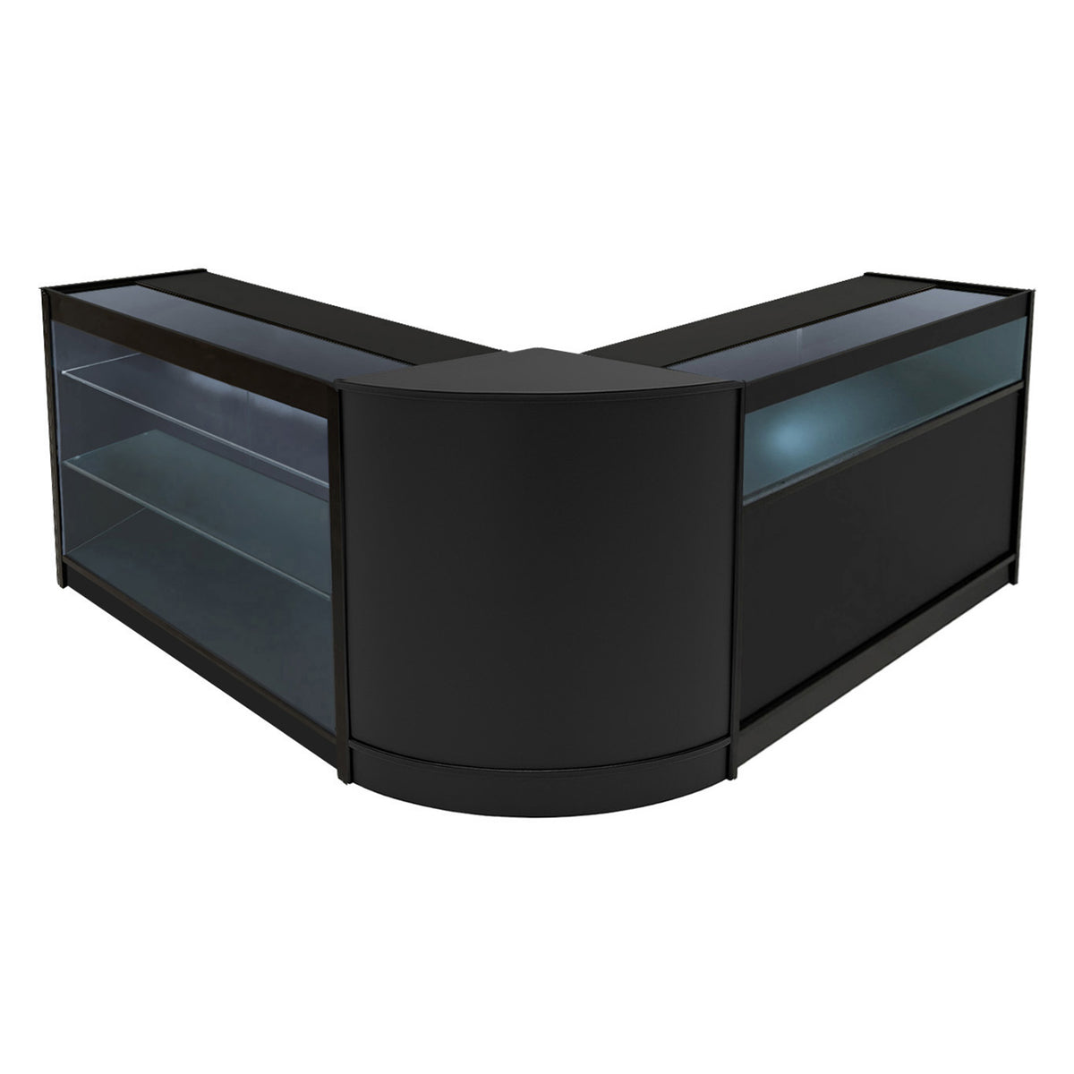Schwarzes Triton LED Verkaufstheken-Set mit gläsernen Regalen, modernem Design und eleganter, abgerundeter Form für stilvolle Präsentationen