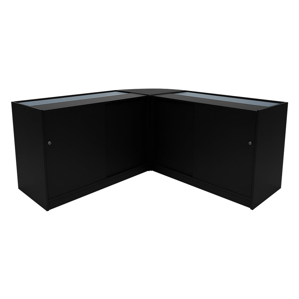 Schwarzes Triton LED Verkaufstheken-Set mit zwei Glastüren, modernem Design und glatten Oberflächen, ideal für Verkaufsräume und Ausstellungen