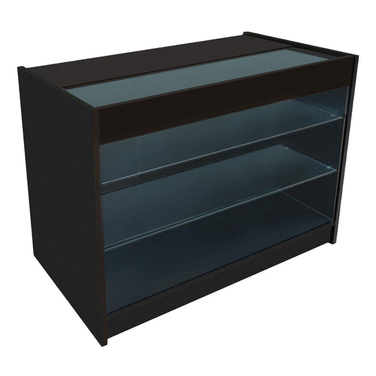 Schwarzes Triton LED Verkaufstheken-Set mit Glasoberfläche, zwei transparenten Regalen und modernem, minimalistischen Design, ideal für Verkaufsräume