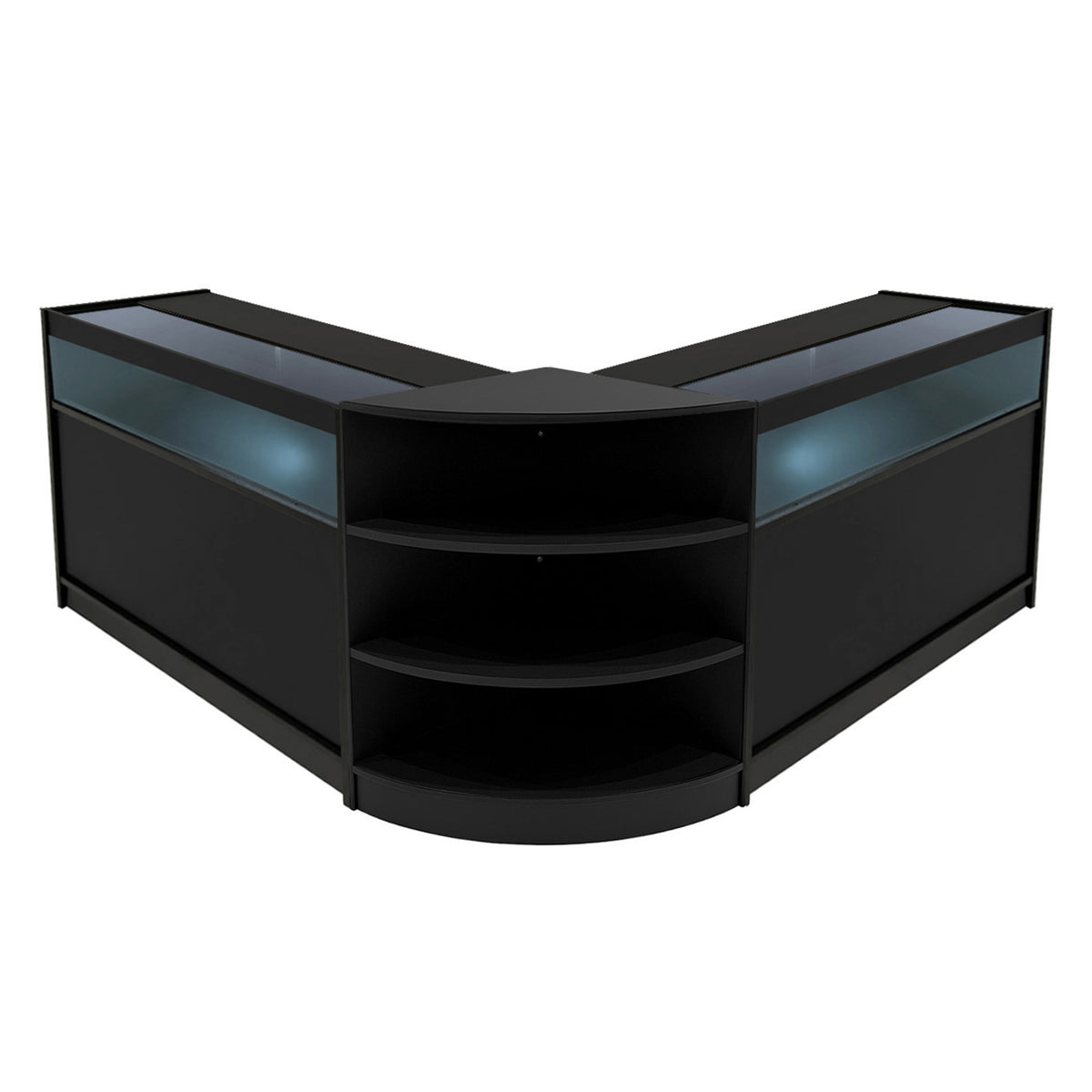 Schwarzes LED Verkaufstheken-Set bestehend aus zwei eleganten, modernen Vitrinen mit Glasoberflächen und offenen Regalen für optimale Präsentation