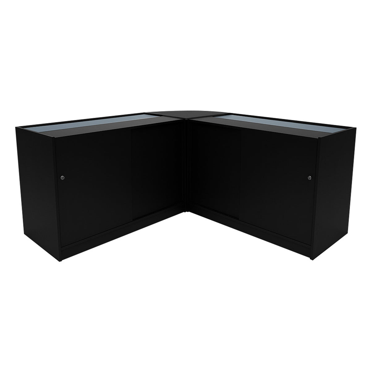 Schwarzes Theseus LED Verkaufstheken-Set mit zwei eleganten, modernen Vitrinen, abgerundeten Ecken und gläsernen Oberflächen, ideal für Verkaufsräume