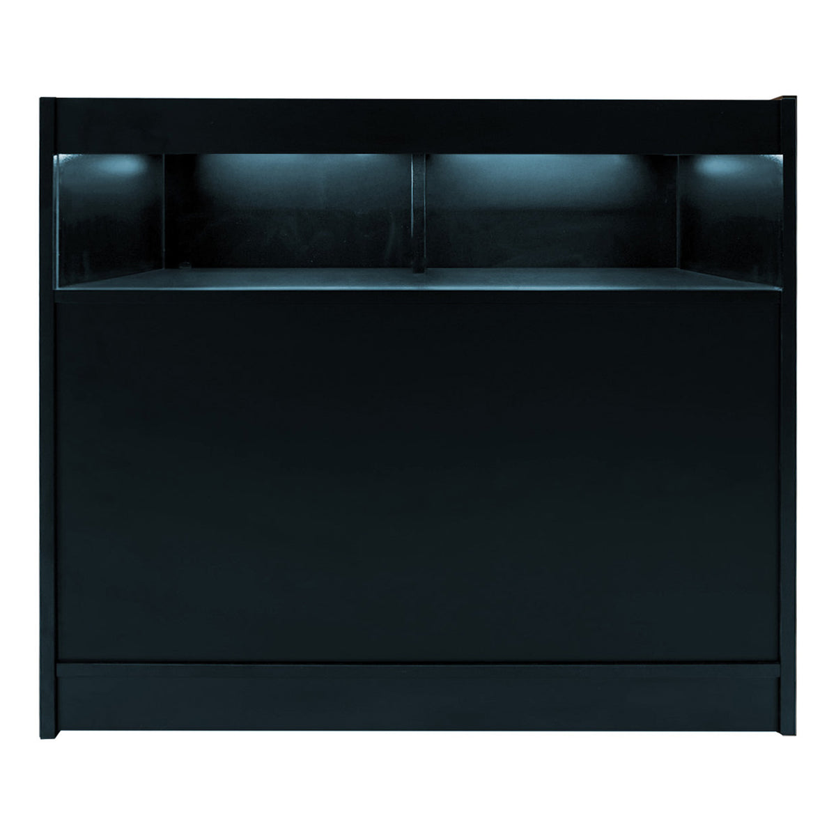 Schwarzes LED-Verkaufstheken-Set mit zwei Einheiten, elegant und modern, mit sanfter Beleuchtung und glatter Oberfläche, ideal für Verkaufsräume