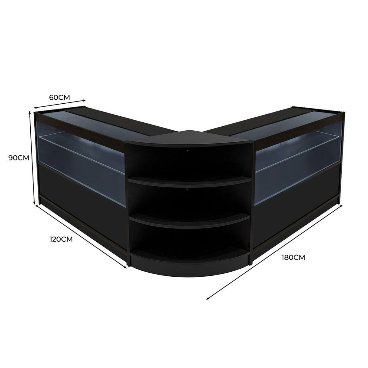 Schwarzes Andromeda LED Verkaufstheken-Set mit zwei Teilen, abgerundeten Ecken, Glasregalen und modernen LED-Leuchten, ideal für Verkaufsräume