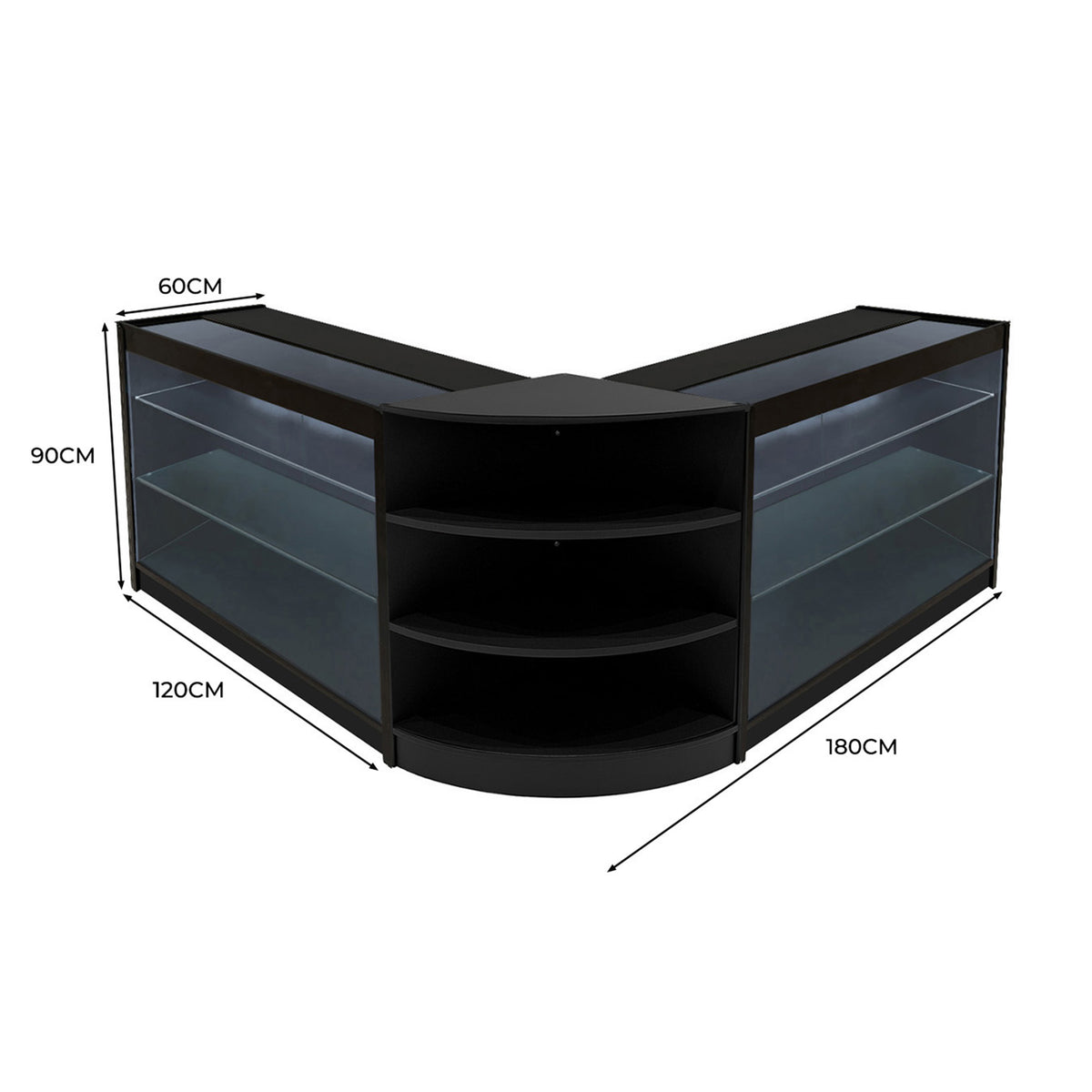 Schwarzes Apollo LED Verkaufstheken-Set mit zwei Ecken, Glasregalen und LED-Beleuchtung, ideal für Verkaufsräume und Ausstellungen