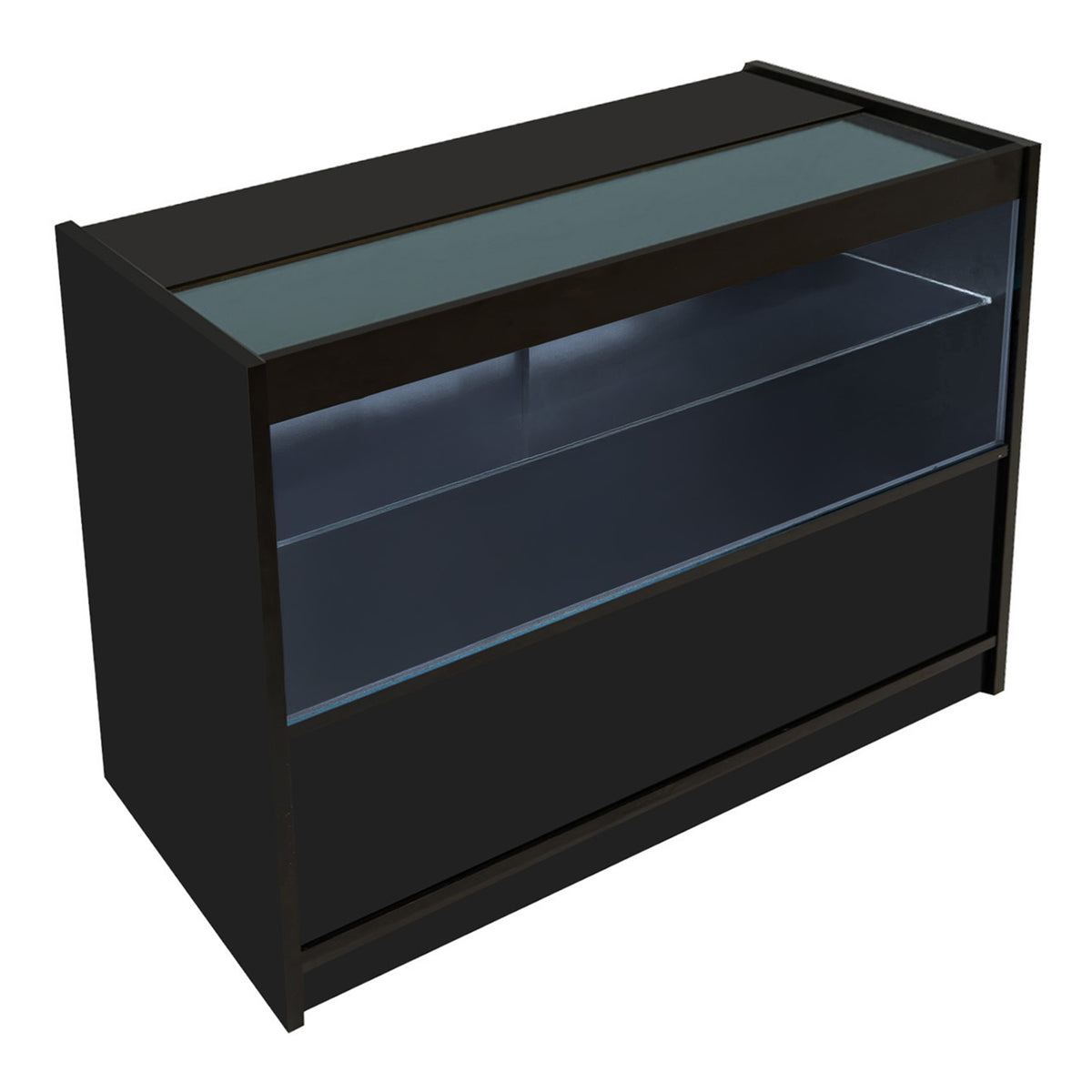 Schwarzes Calliope LED Verkaufstheken-Set mit gläserner Oberseite, zwei offenen Regalen und modernem, minimalistischen Design