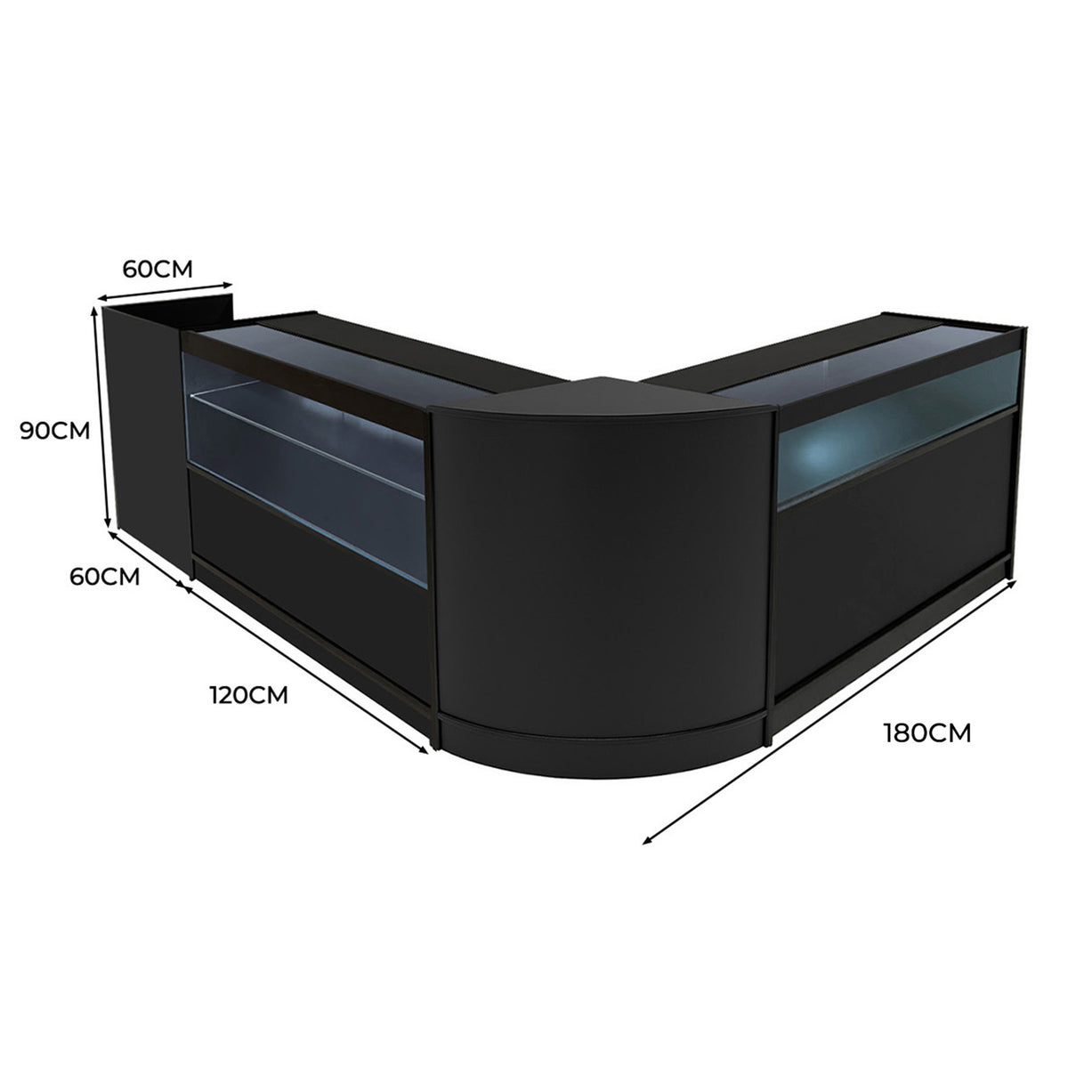 Schwarzes Gravity LED Verkaufstheken-Set mit eleganten, glatten Oberflächen, abgerundeten Kanten und integrierter Beleuchtung, ideal für Verkaufsräume
