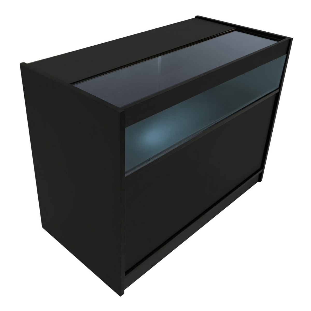Schwarzes Polaris LED Verkaufstheken-Set mit Glasoberfläche, eleganter, moderner Form und integrierter Beleuchtung für ansprechende Präsentation
